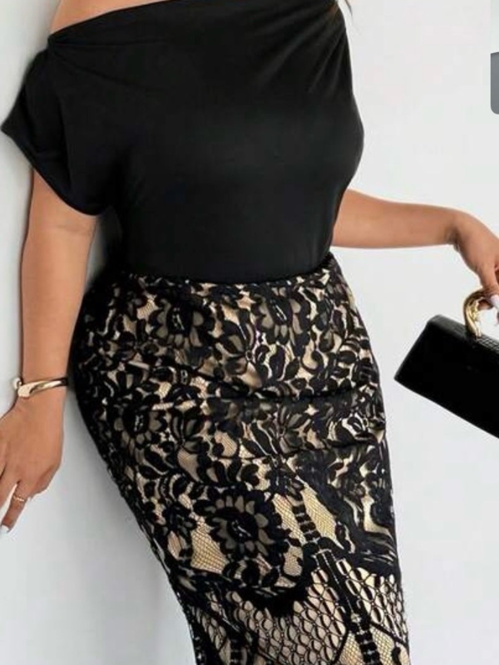 One-Shoulder Black Lace Overlay Dress with Nude Underlay